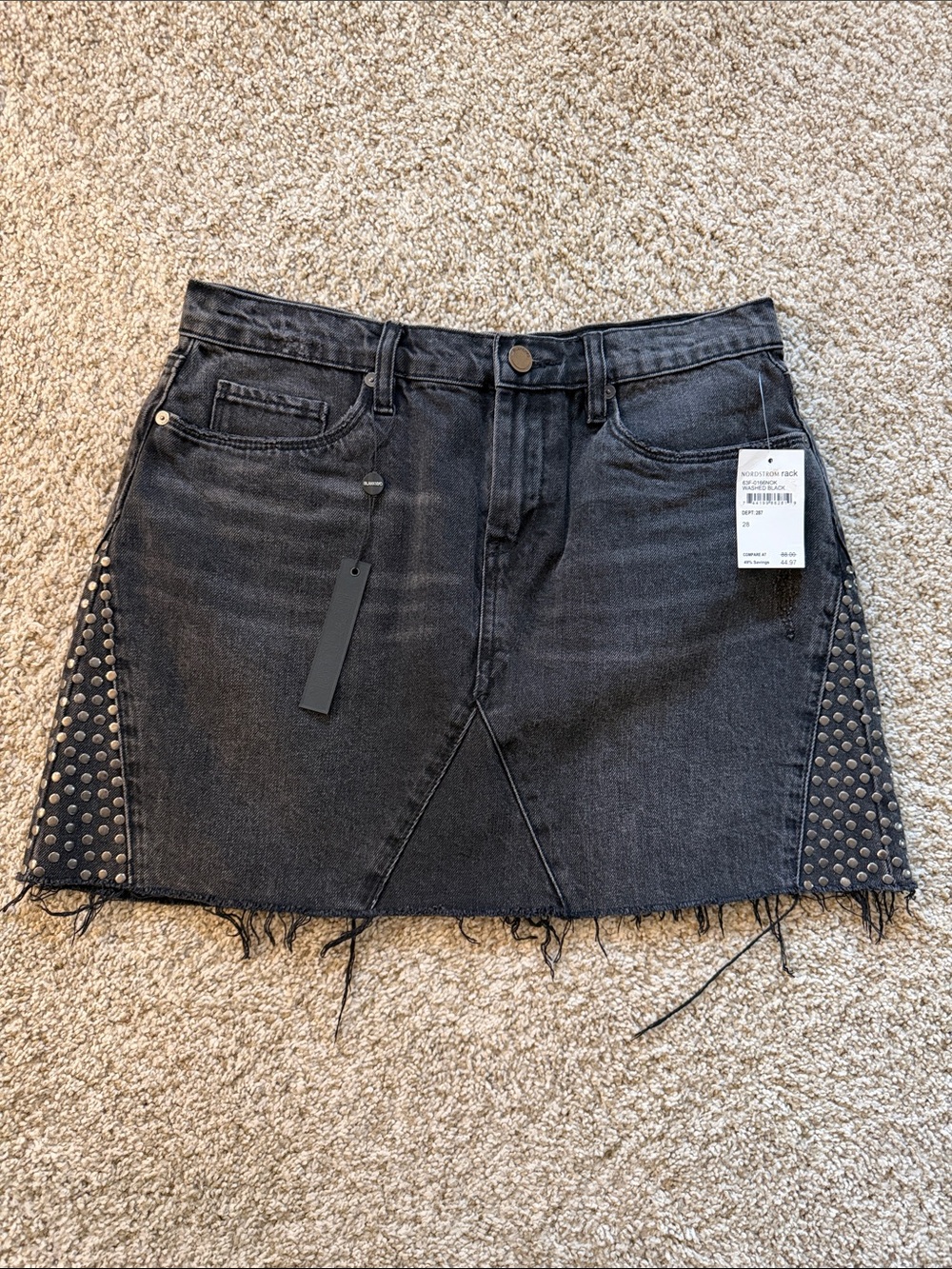 Black Studded Frayed Hem Denim Mini Skirt